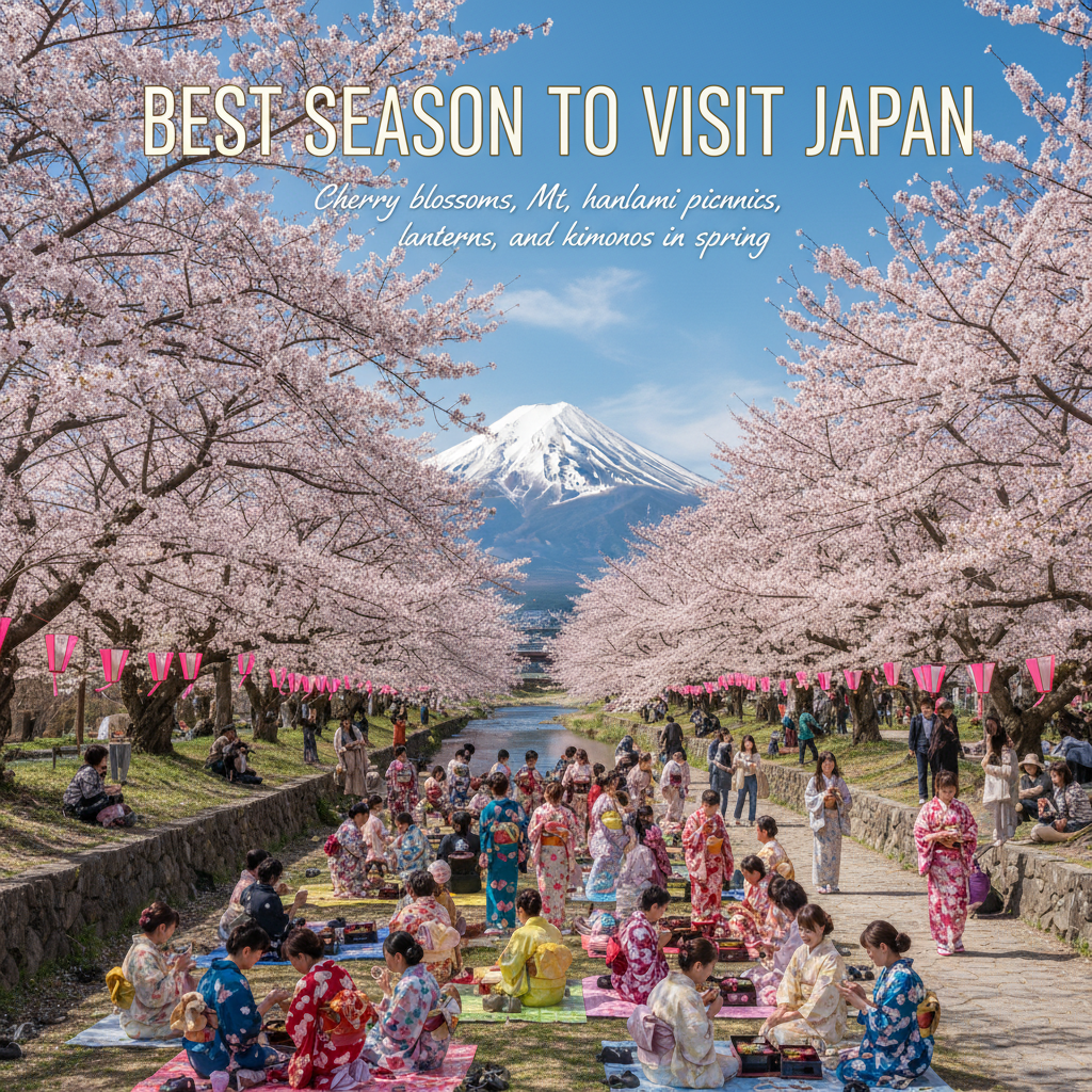 Best Season to Visit Japan: Cherry blossoms, Mt. Fuji, hanami picnics, lanterns, and kimonos in spring.