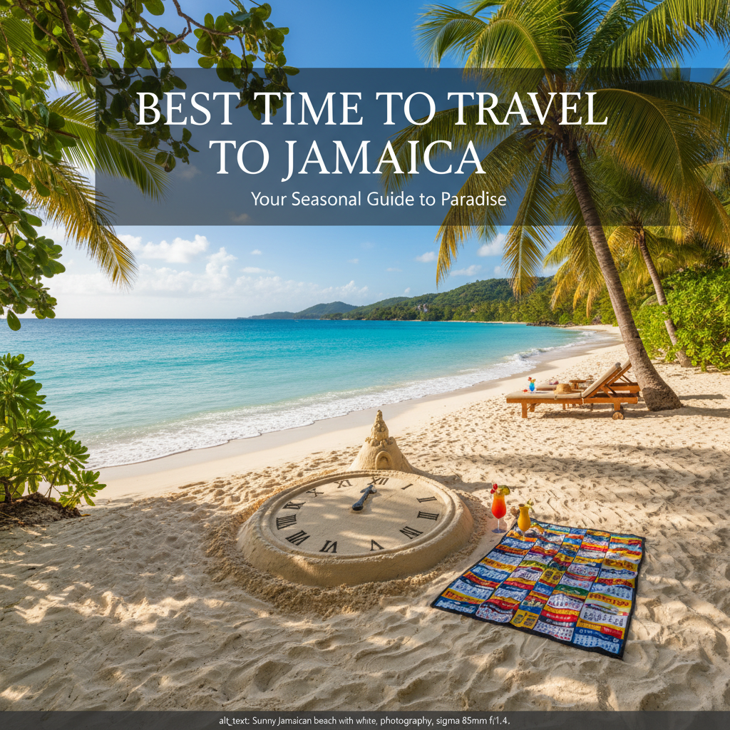 alt_text Sunny Jamaican beach with turquoise water, white sand, and a clock-shaped sandcastle hinting at timing.