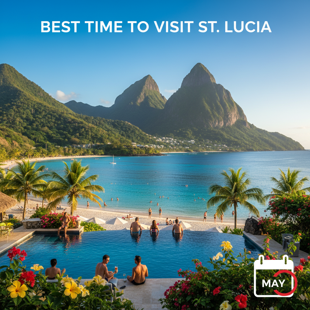 Tourists enjoy St. Lucia’s vibrant May bloom by the Pitons, beaches, and tropical scenery under sunny skies.