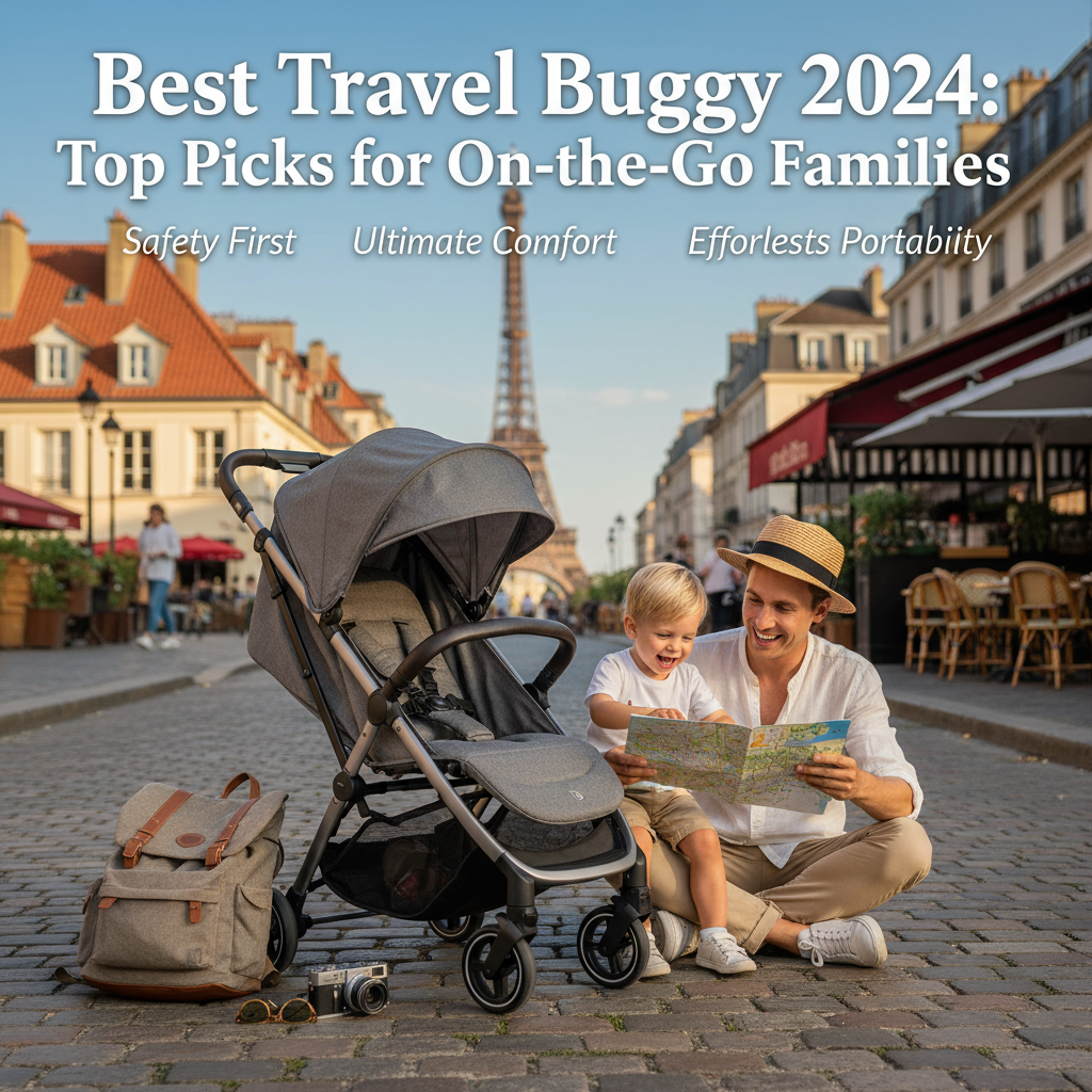 Best Travel Buggy 2024: Happy family with top stroller on a scenic European street, travel essentials nearby.