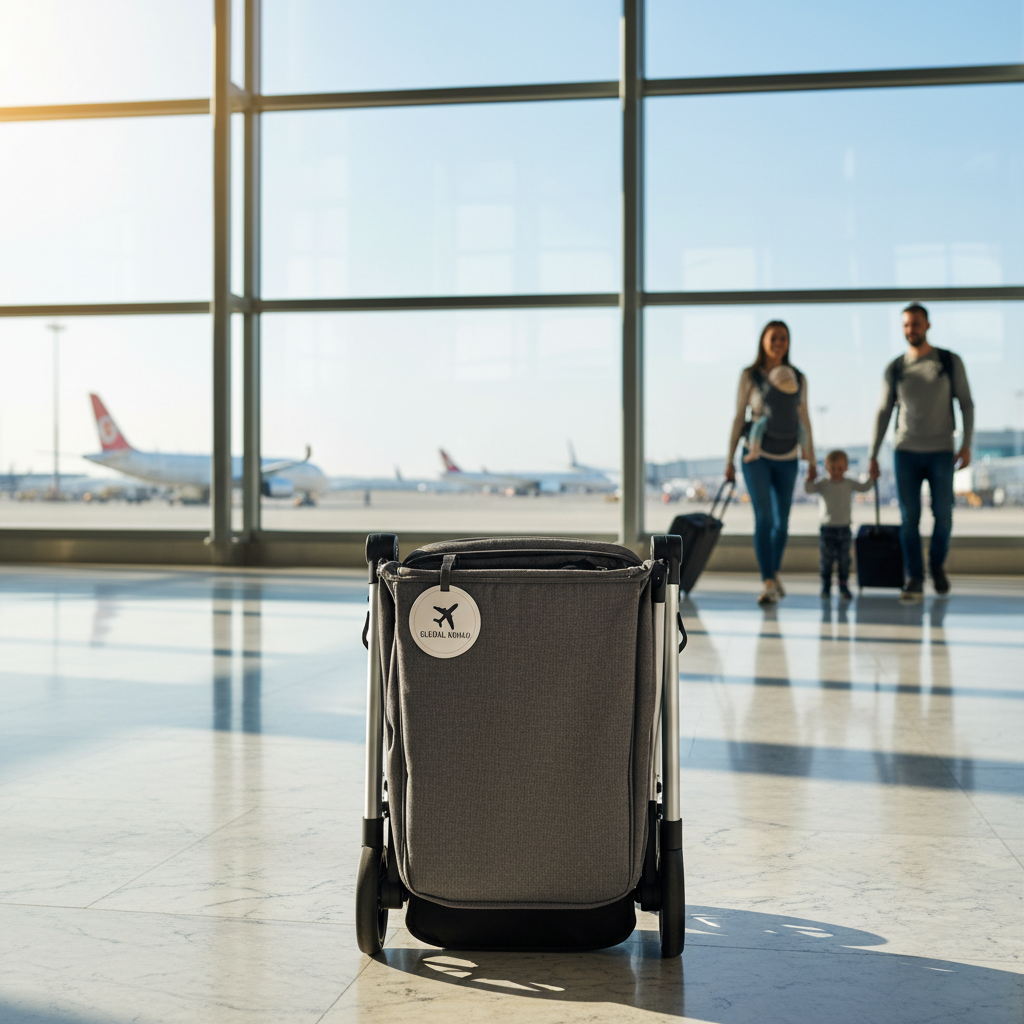 A folded travel buggy in an airport terminal with planes outside, showing ease and convenience for flying.
