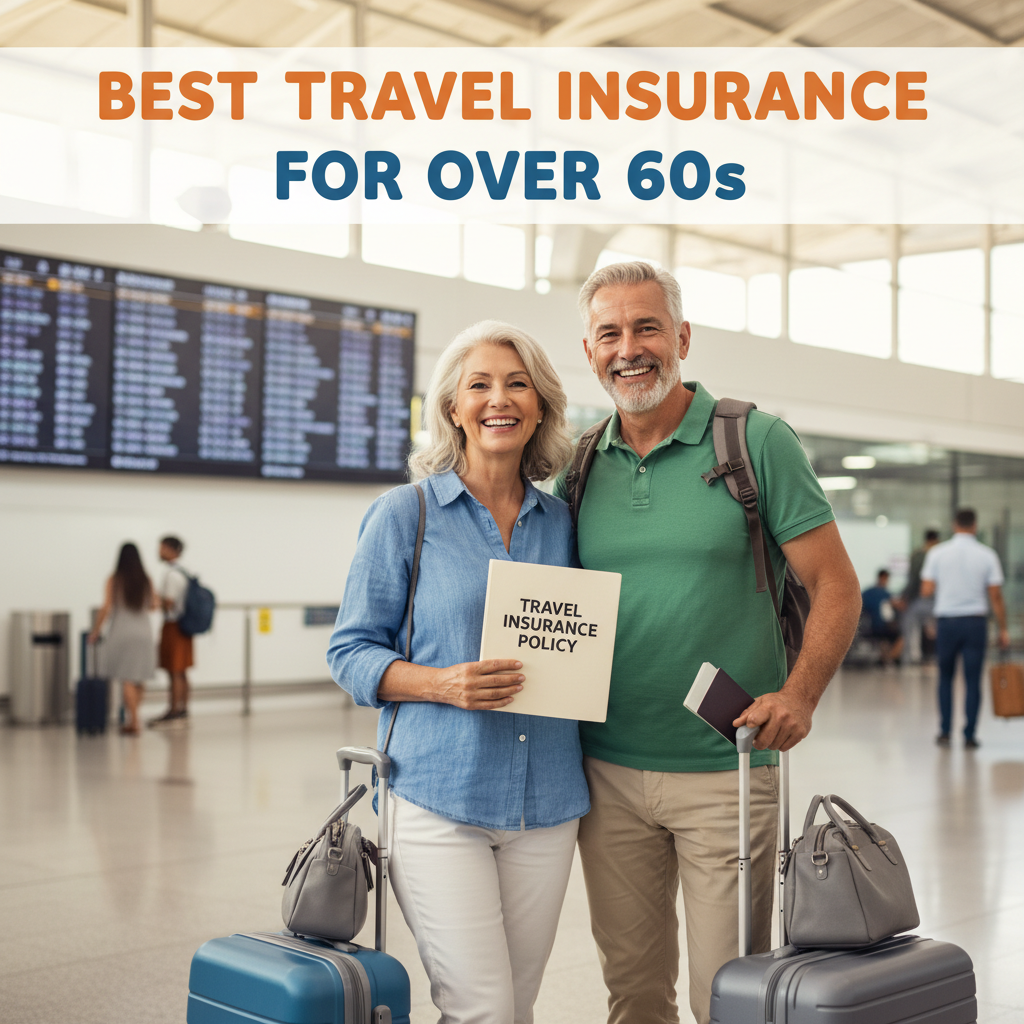 Smiling senior couple at airport with luggage, passports, and travel insurance; headline for over-60s.