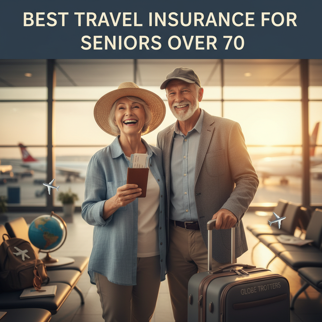 Smiling seniors with luggage at an airport, ready to travel; title: Best Travel Insurance for Seniors Over 70