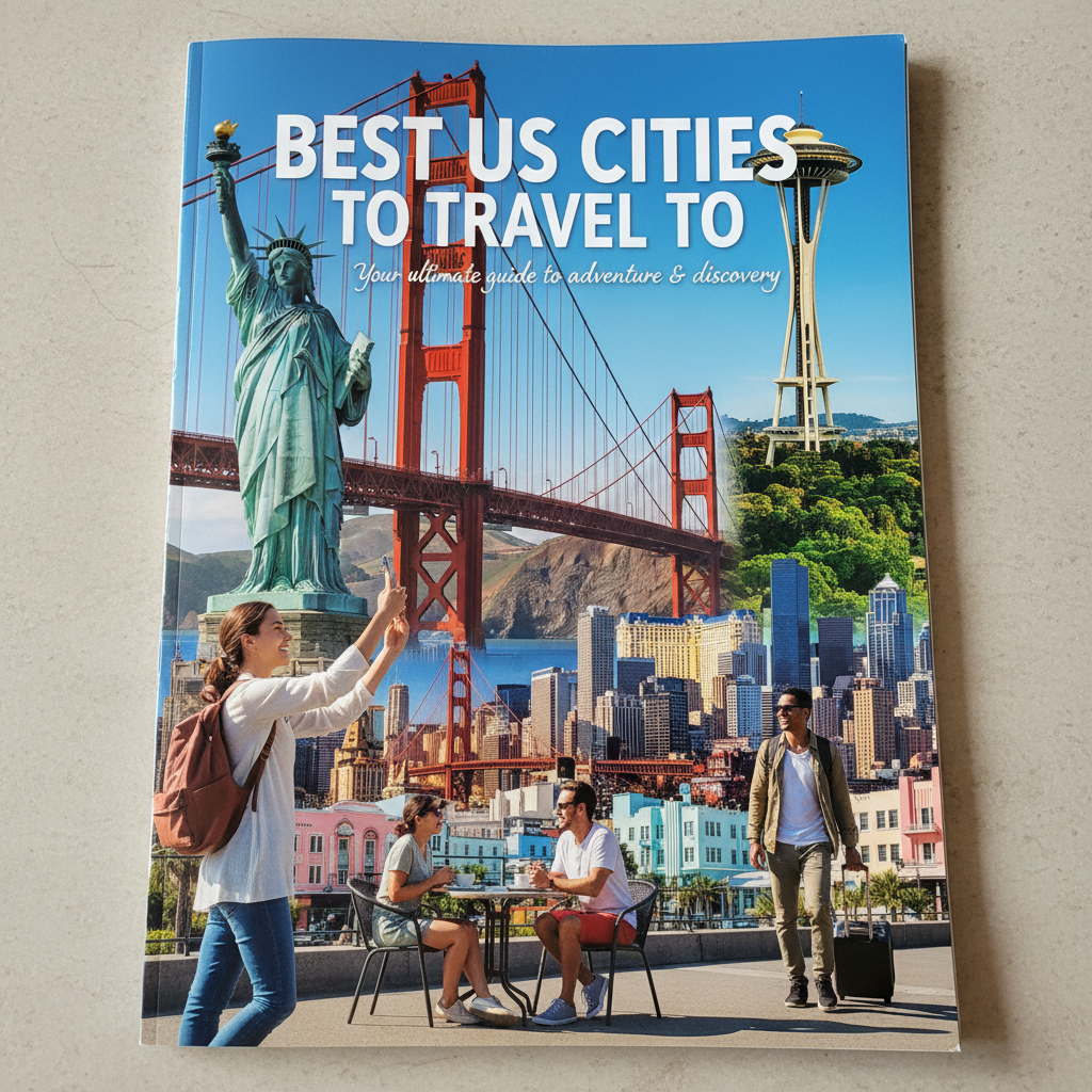 Collage of top US landmarks and happy travelers on a vibrant "Best US Cities to Travel To" cover.