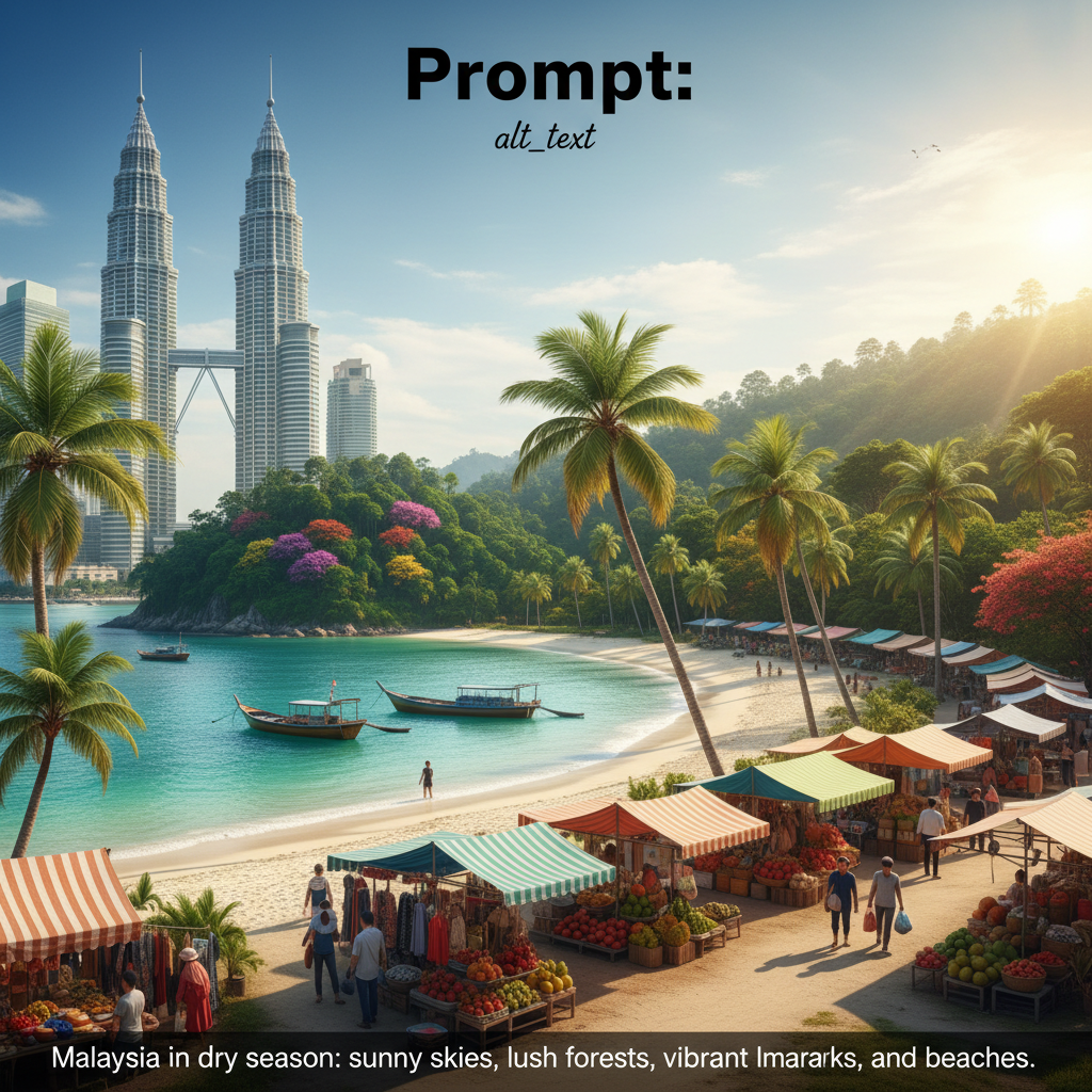 alt_text Malaysia in dry season: sunny skies, lush forests, iconic landmarks, vibrant markets, and beaches.
