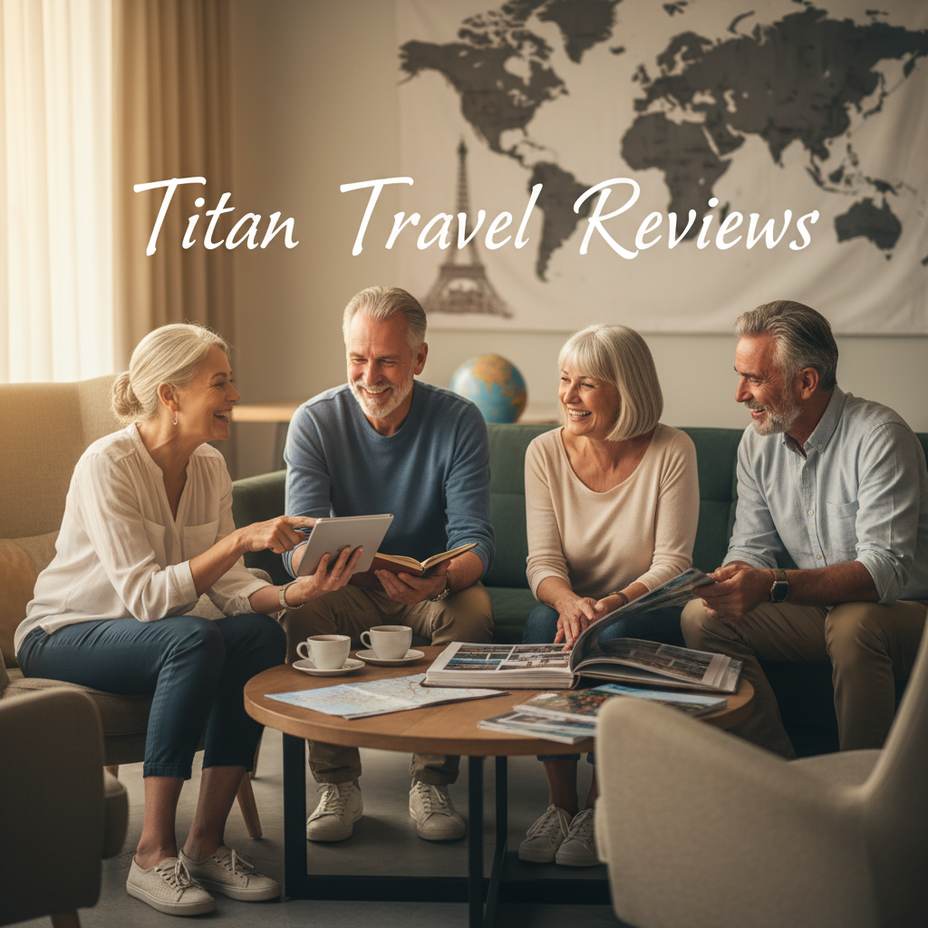Mature travelers share experiences in a warm lounge, with global landmarks and "Titan Travel Reviews" text.