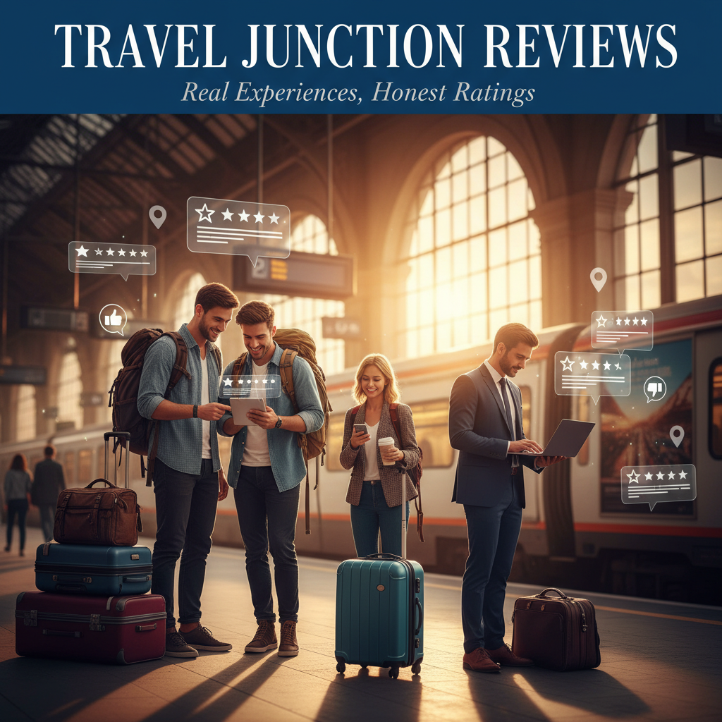 Travelers at a busy station browse and share reviews, surrounded by travel icons and digital ratings.