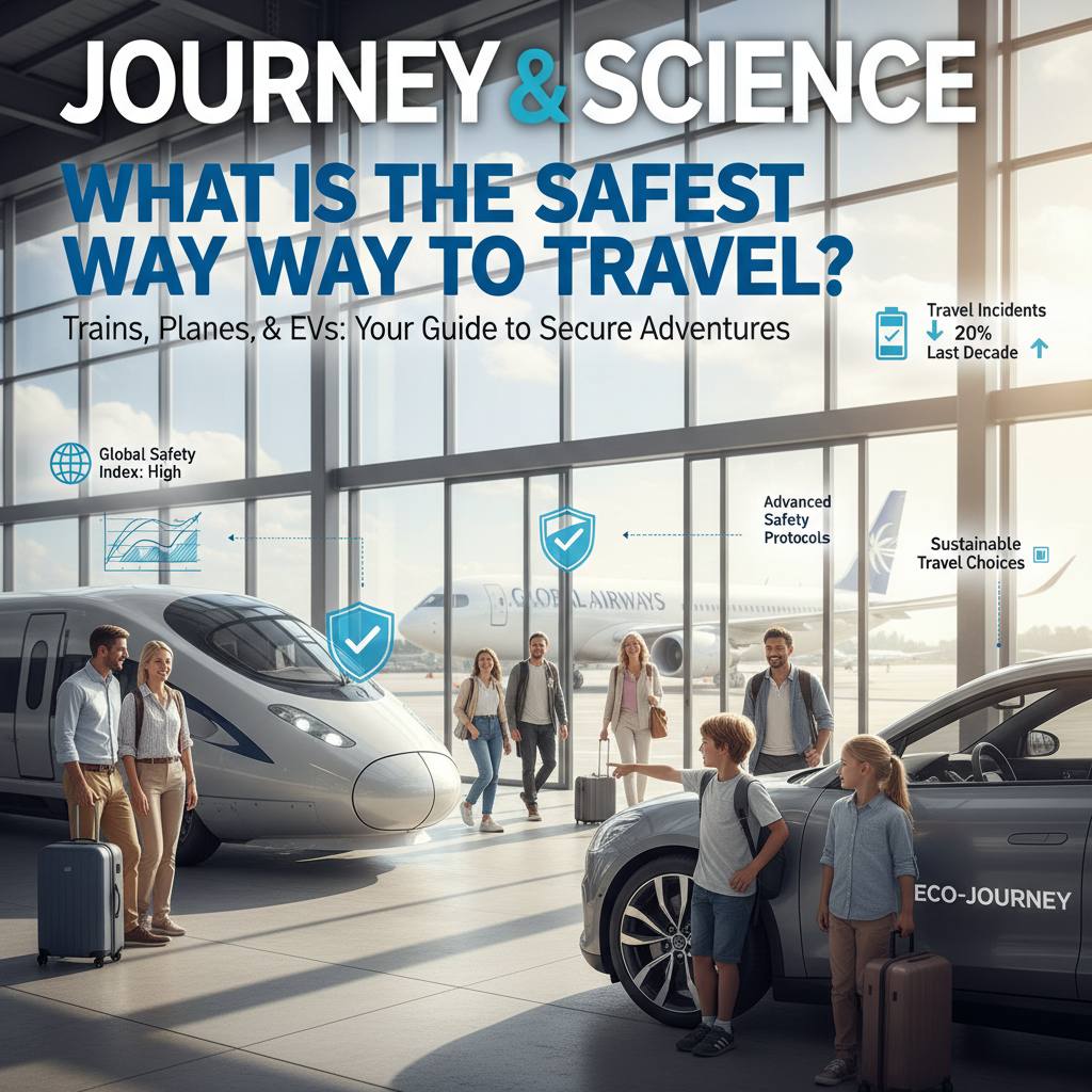 Travelers choose trains, planes, and EVs at a sunny, safe hub, with safety stats in the bright scene.