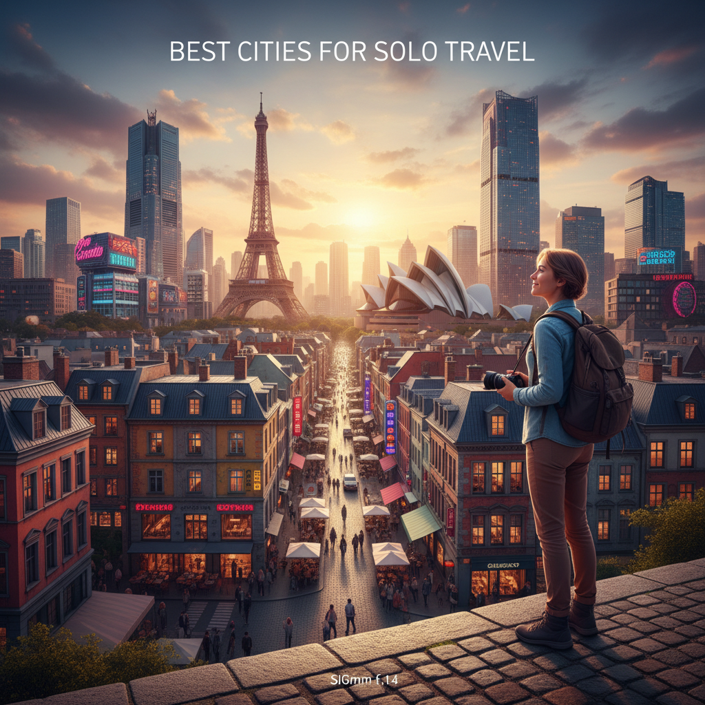 A solo traveler explores a vibrant cityscape blending landmarks from top destinations for solo adventures.