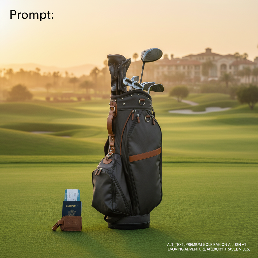 alt_text Premium golf travel bag on a lush course at sunrise, evoking adventure and luxury travel vibes.