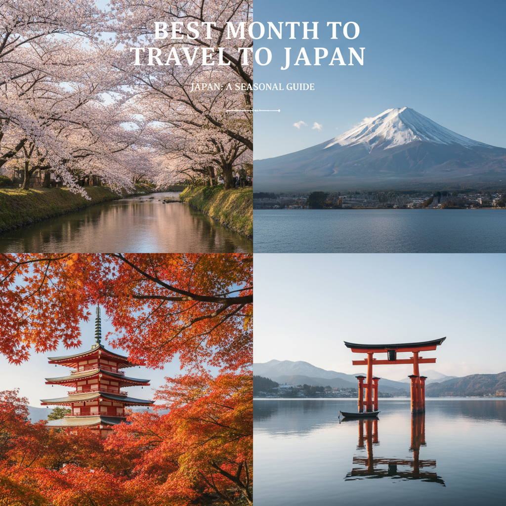 Scenic Japanese landscape with Mount Fuji, cherry blossoms, autumn leaves, and a red torii gate.