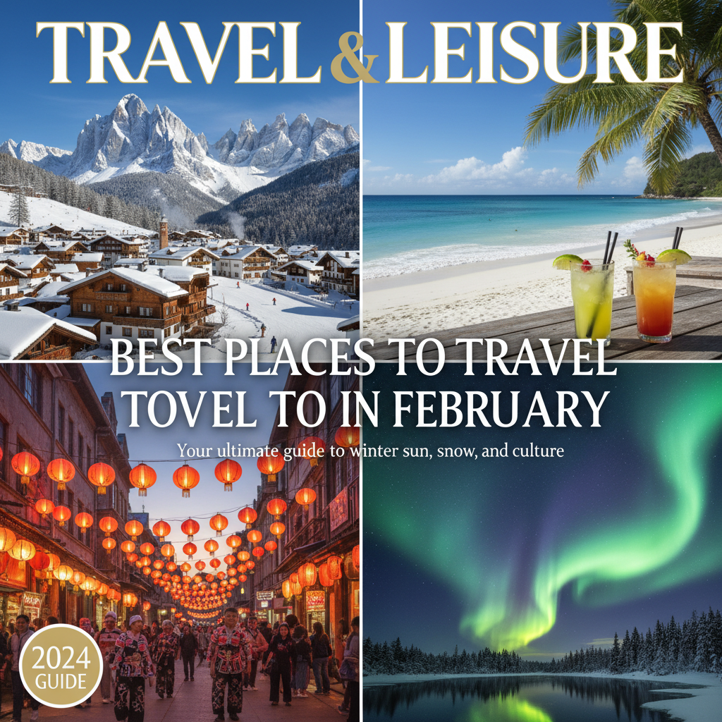 Alt_text: Stunning collage of top February travel spots—ski village, tropical beach, lantern fest, northern lights.
