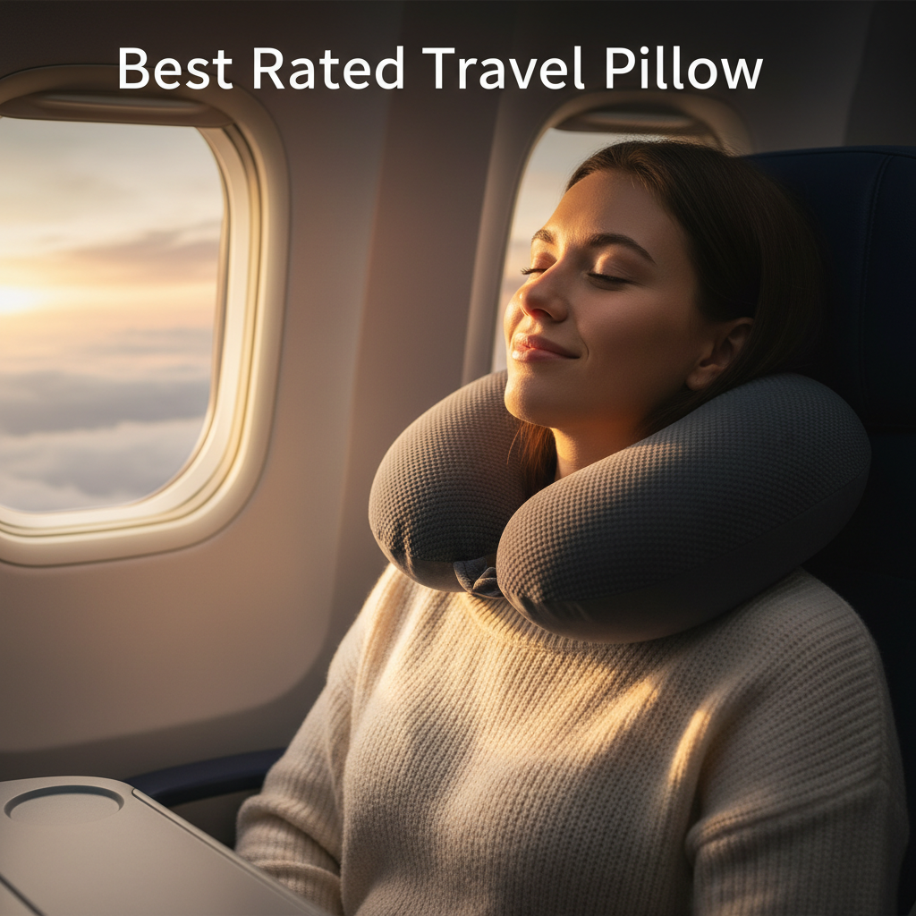 alt_text Traveler relaxes in airplane seat, wearing plush, stylish neck pillow; "Best Rated Travel Pillow" text overlay.