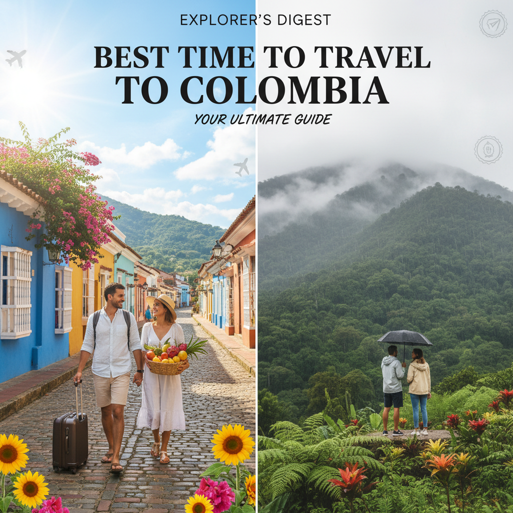 Best Time to Travel to Colombia: sunny towns, misty mountains, happy tourists, and vibrant local culture