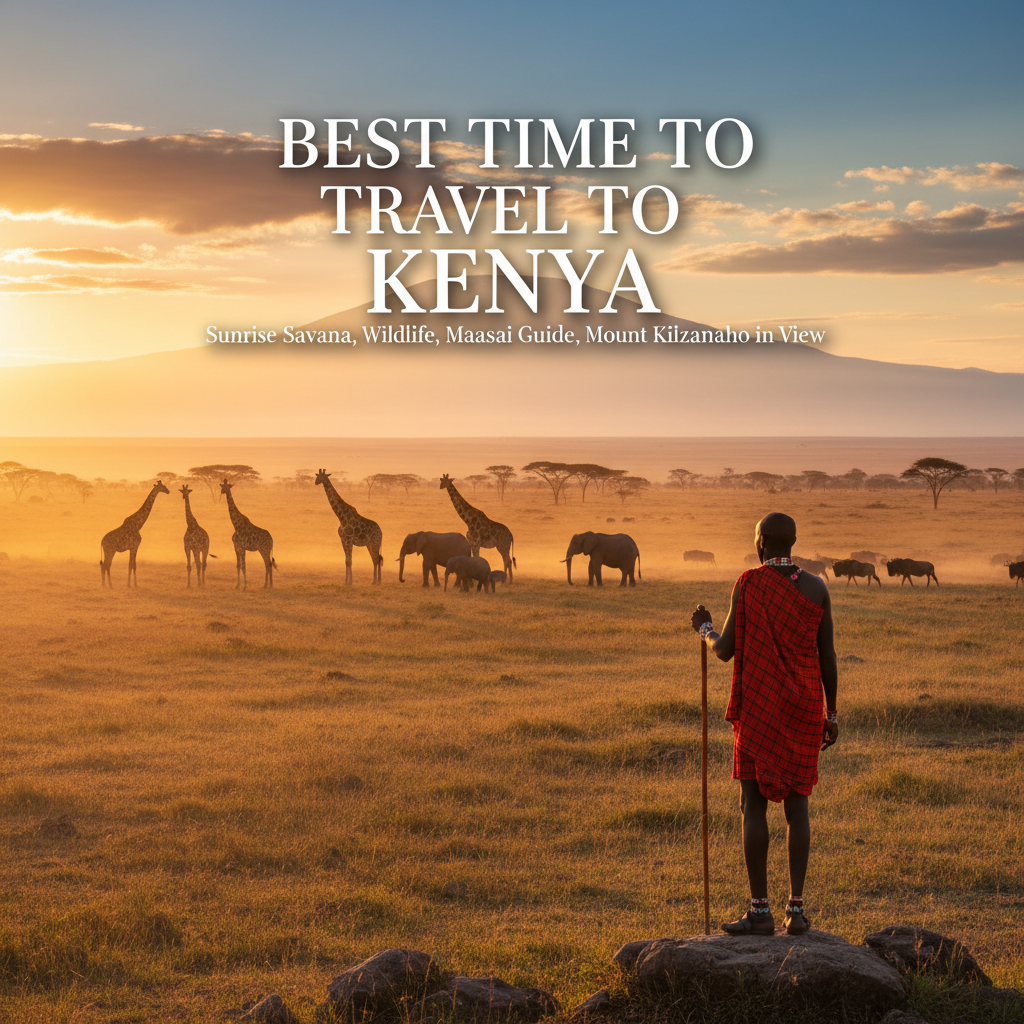 Best Time to Travel to Kenya: Sunrise savanna, wildlife, Maasai guide, Mount Kilimanjaro in view.