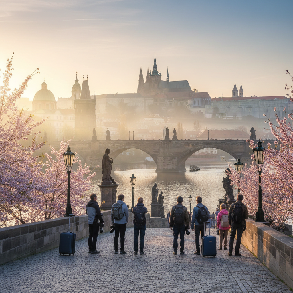 Travelers admire Prague’s Charles Bridge at sunrise, with spring blooms, mist, and a golden skyline.