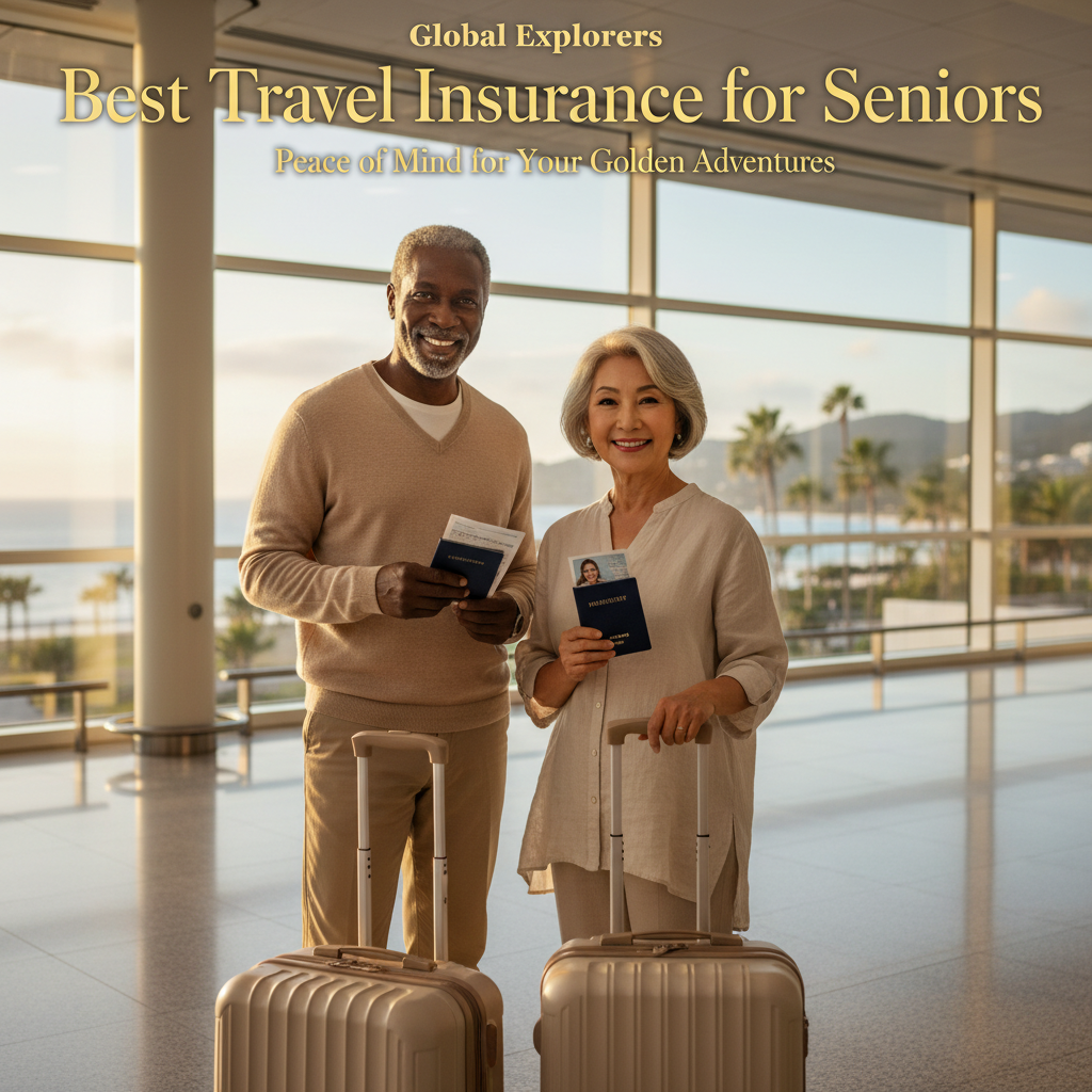 Senior travelers at airport with suitcases, passports, and headline: Best Travel Insurance for Seniors