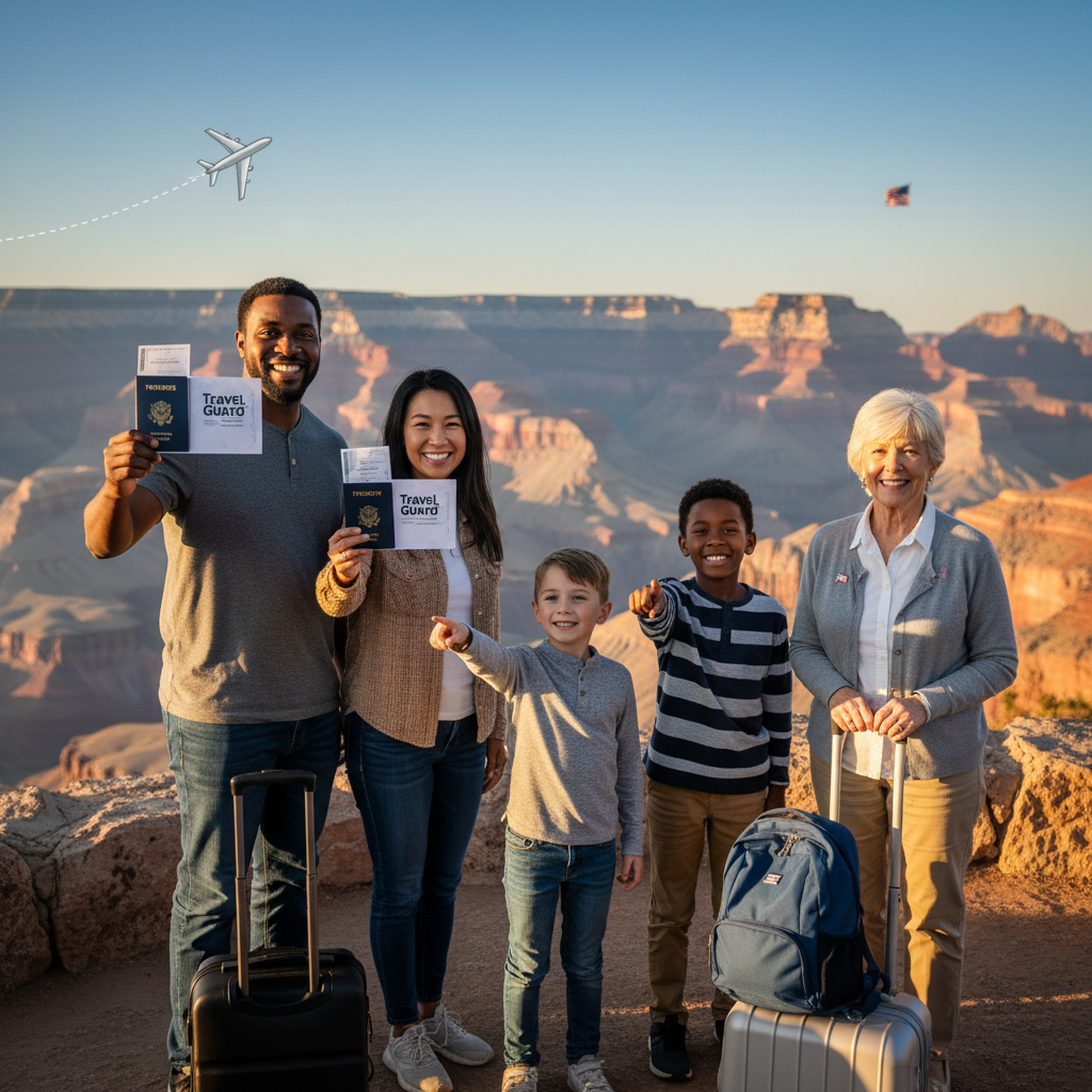 Happy travelers with documents and luggage at a famous US landmark, ready for a safe USA trip.