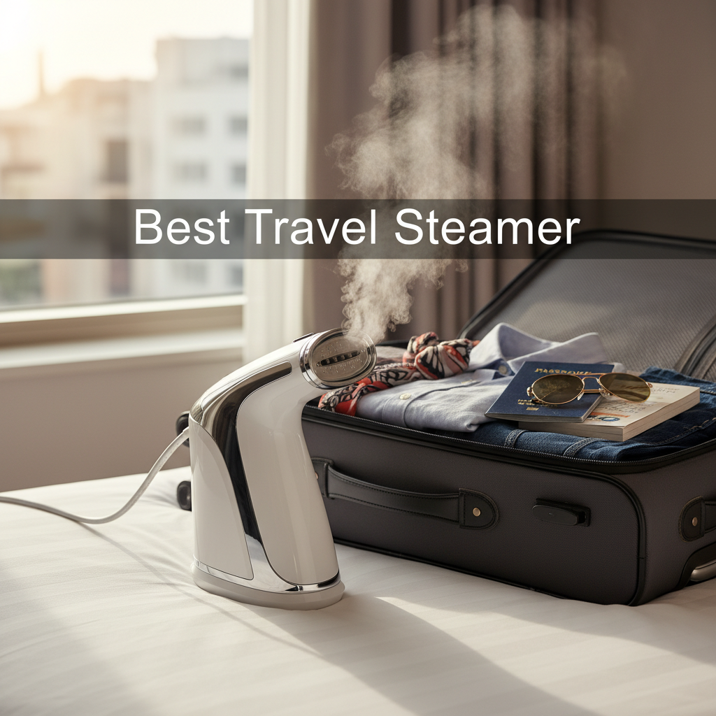 alt_text A sleek travel steamer on a hotel bed, with a packed suitcase ready for a convenient journey.