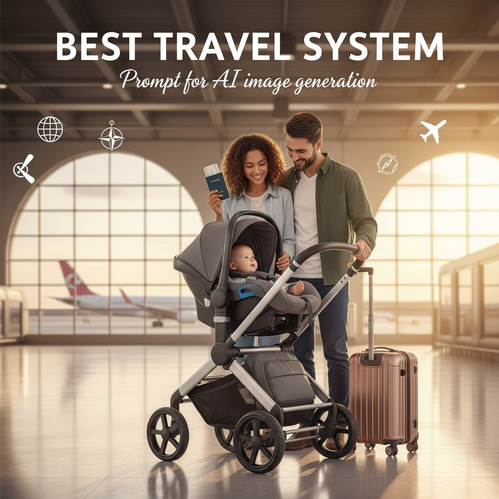 Modern travel stroller system with car seat and bag, happy family, and travel icons in a bright setting.