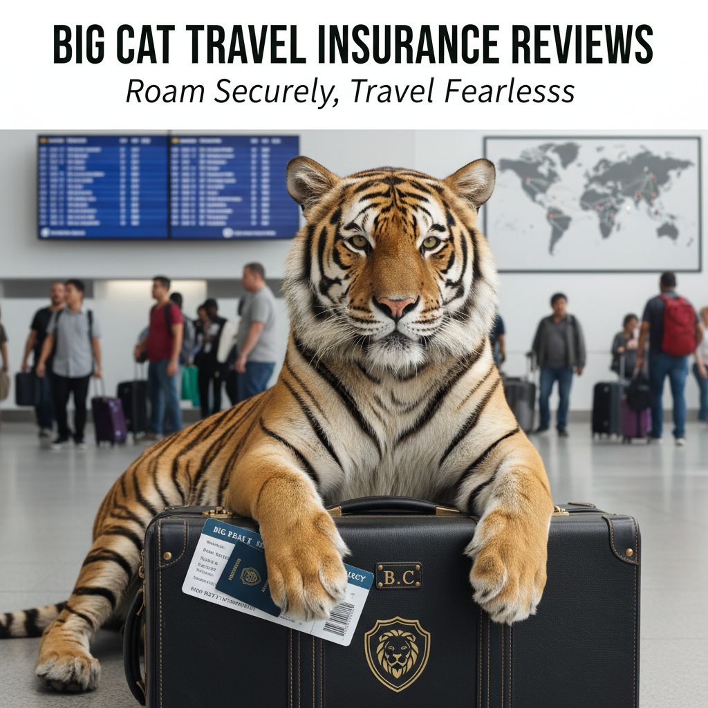 A majestic big cat sits on a suitcase at an airport, symbolizing secure travel with insurance.
