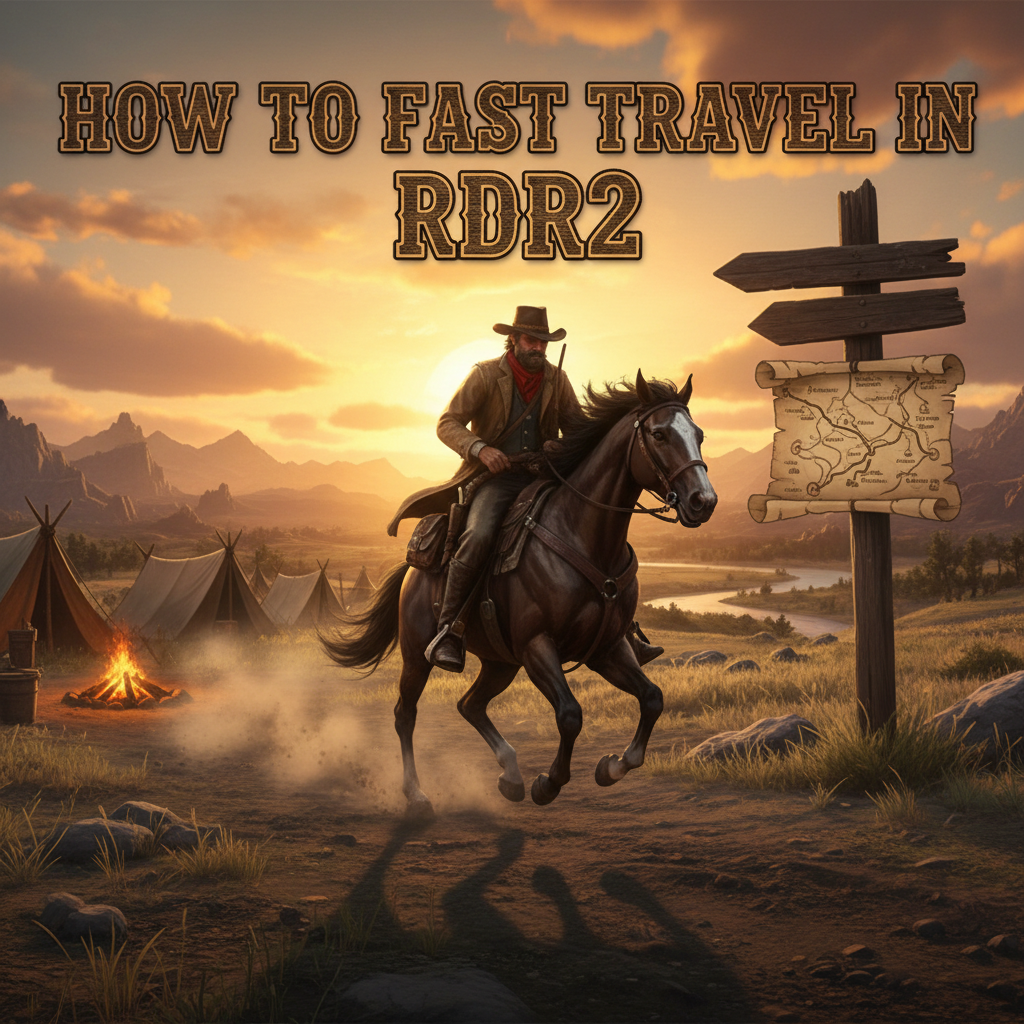 Arthur Morgan rides at sunset with camp, map, and signpost, showing how to fast travel in RDR2.