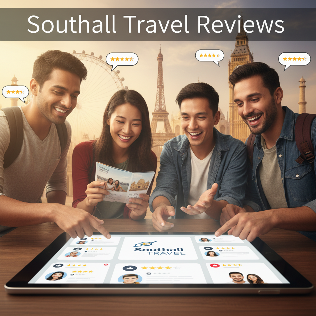Diverse travelers sharing reviews of Southall Travel with global landmarks and positive ratings displayed.