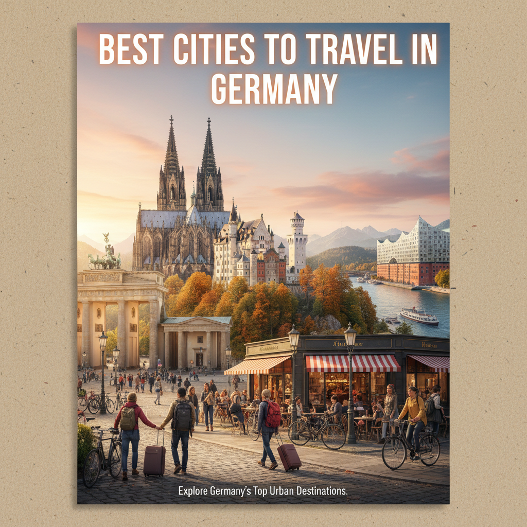 alt_text A vibrant montage of Germany's top city landmarks with travelers, cafés, and lively urban scenes.