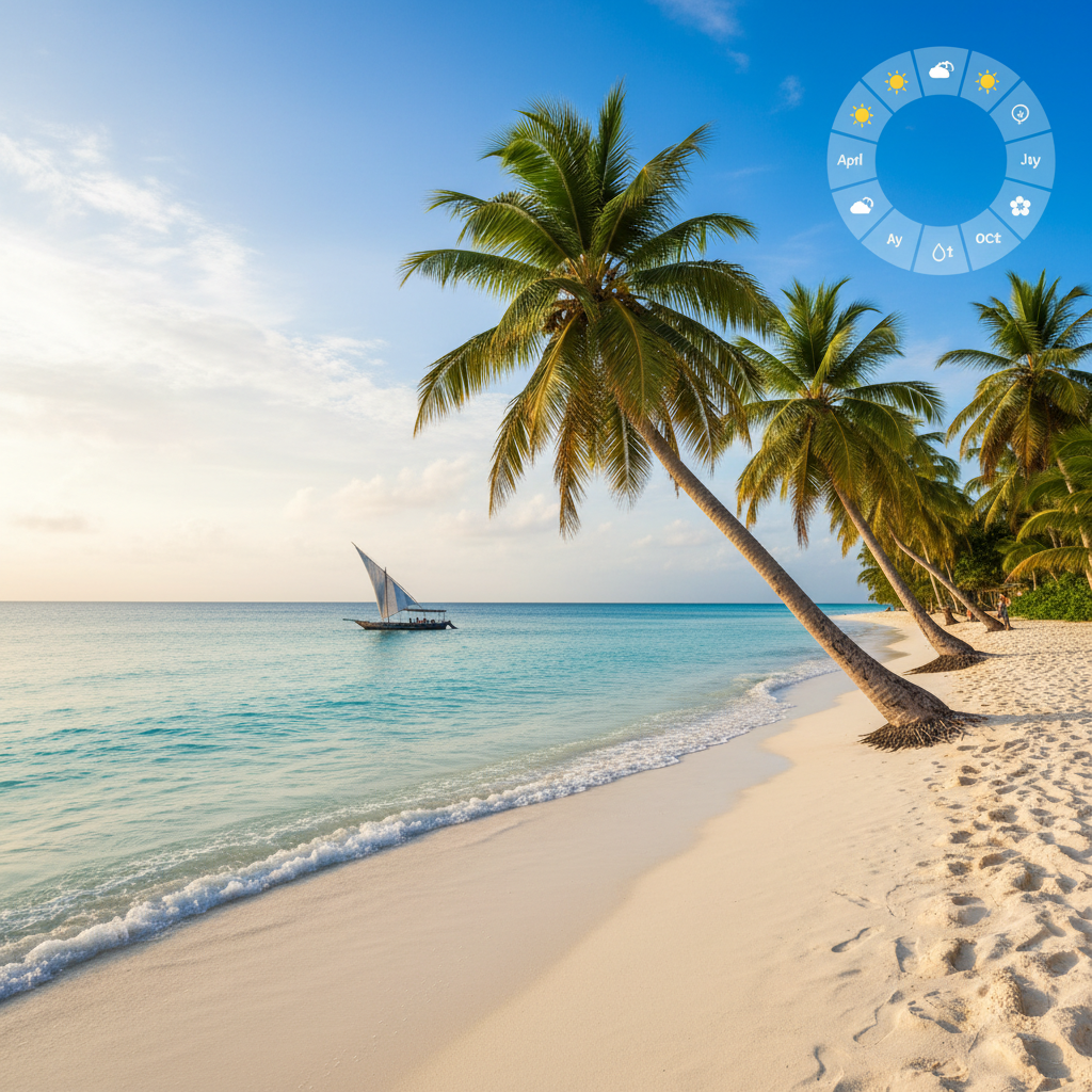 alt_text: Sunny Zanzibar beach with palm trees, turquoise waters, dhow, and seasonal icons for ideal travel months