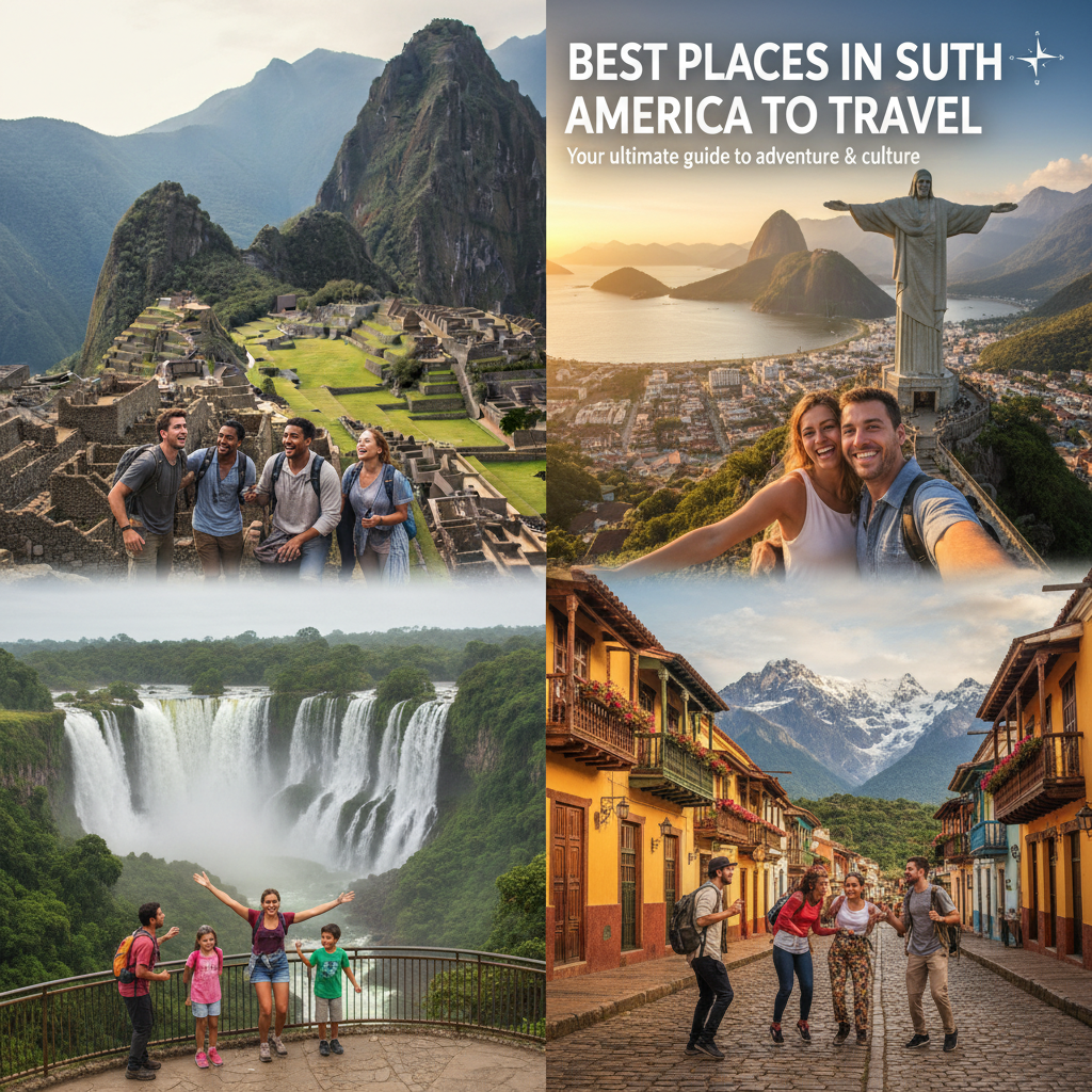 Travel magazine cover with South America’s landmarks, vibrant landscapes, and diverse, happy travelers.