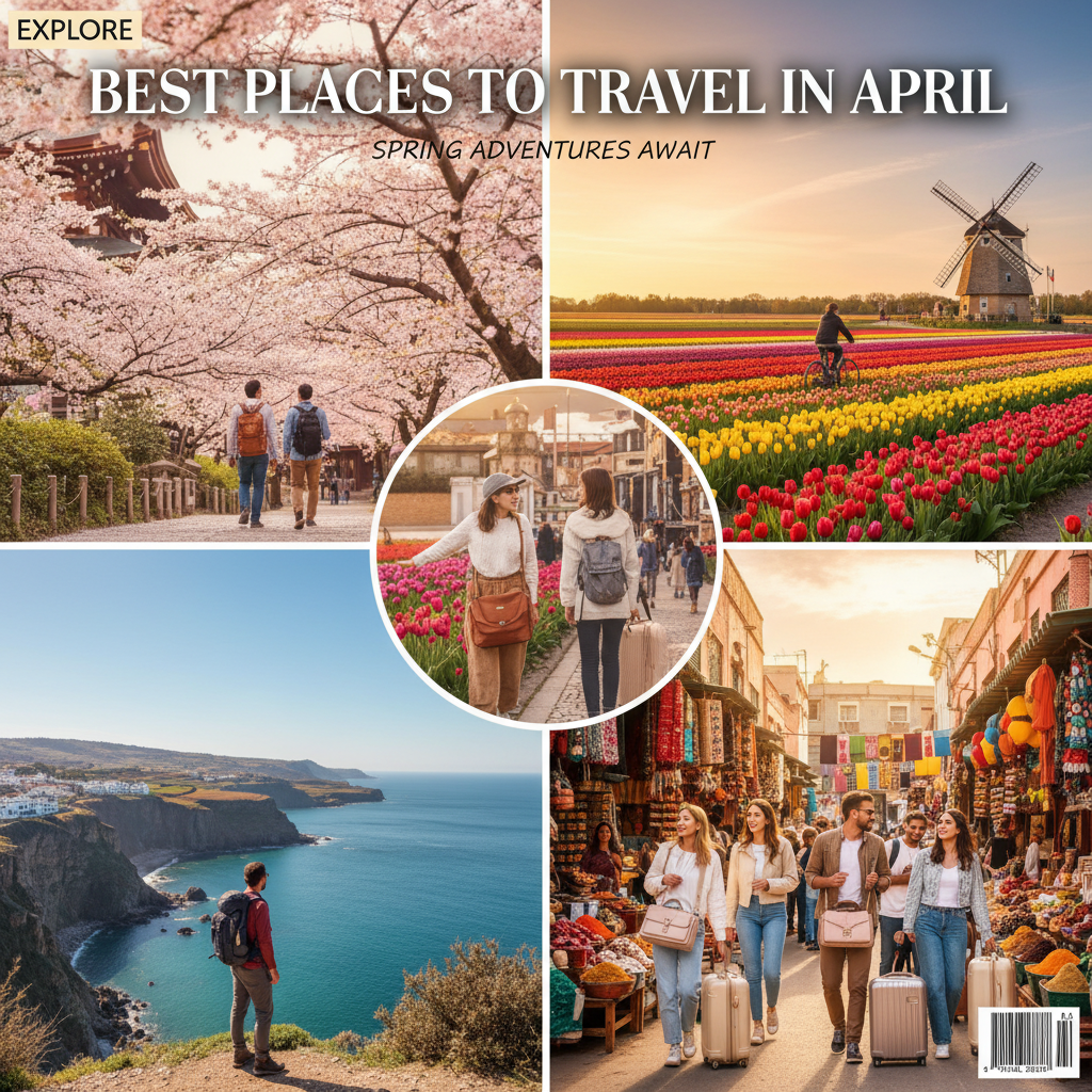 alt_text Collage of spring destinations: Kyoto cherry blossoms, Dutch tulips, Portugal cliffs, Marrakech bazaars.