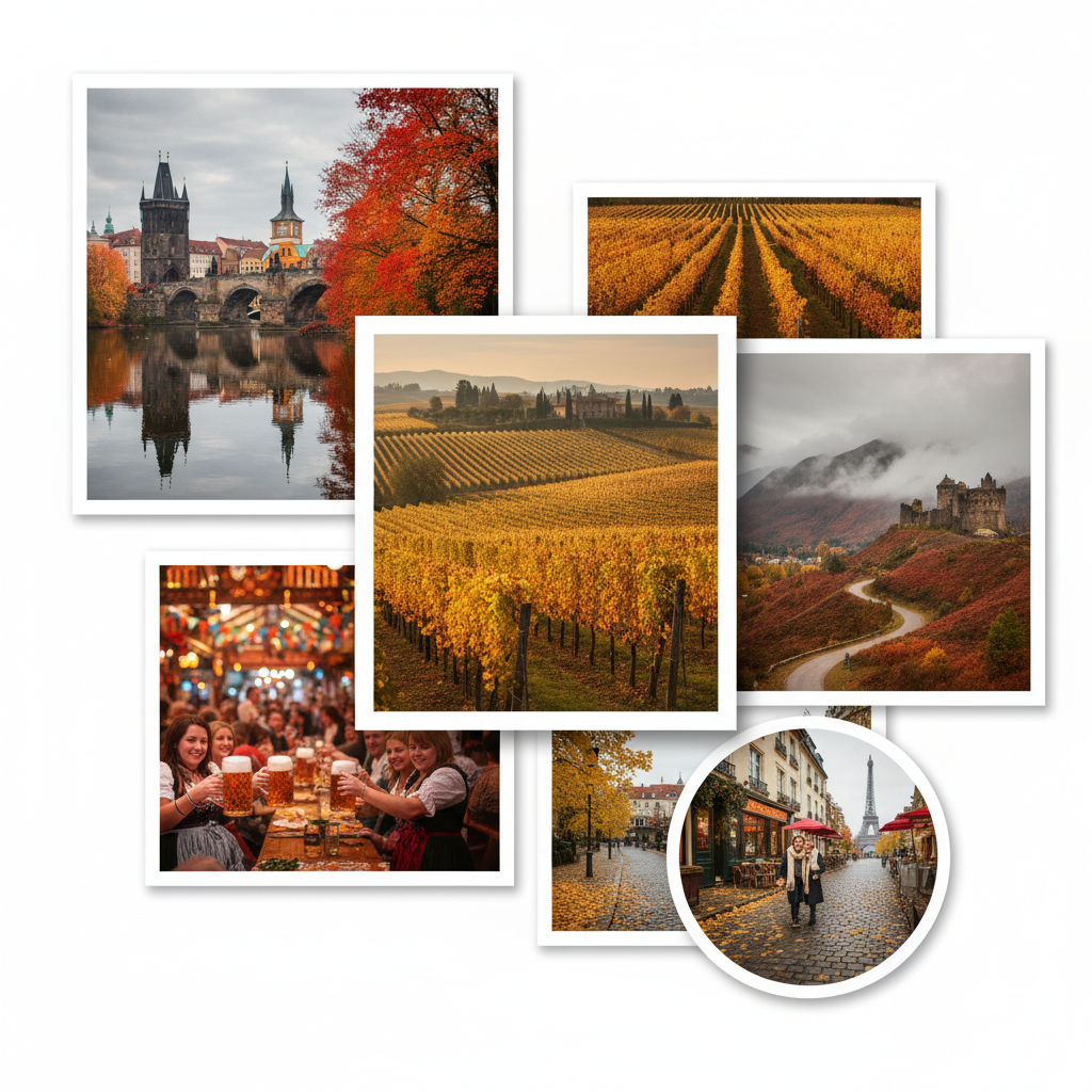 A collage of Europe in autumn: golden vineyards, fall foliage, festivals, and cozy city streets.