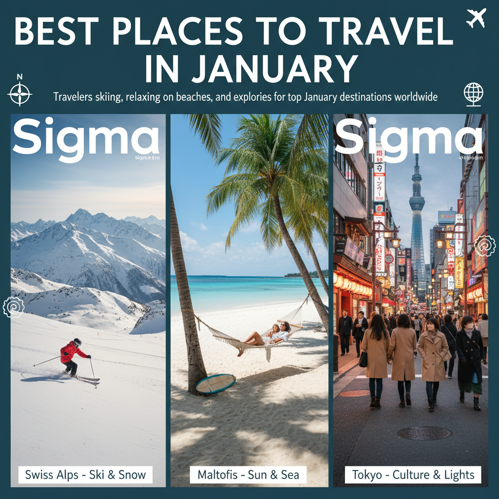 Travelers skiing, relaxing on beaches, and exploring cities for top January destinations worldwide.