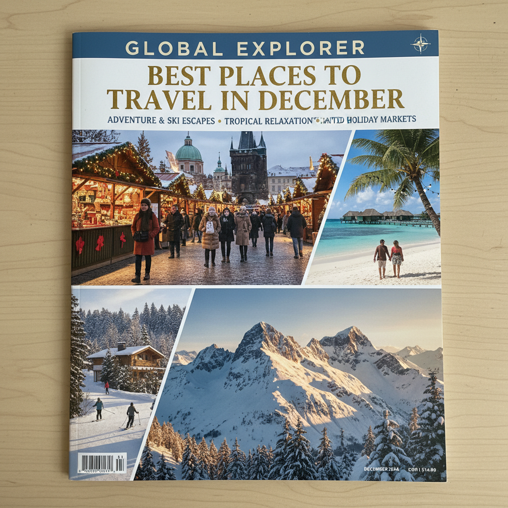 Collage of December travel hotspots: snowy mountains, festive markets, and sunny beaches on a magazine cover.