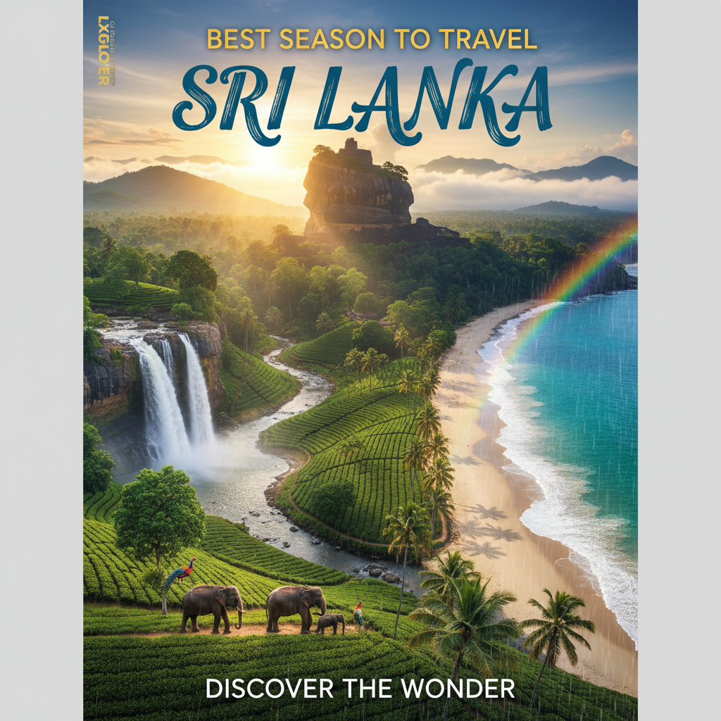 alt_text Lush Sri Lankan landscapes, iconic sites, wildlife, and sunny skies on a vibrant travel magazine cover.