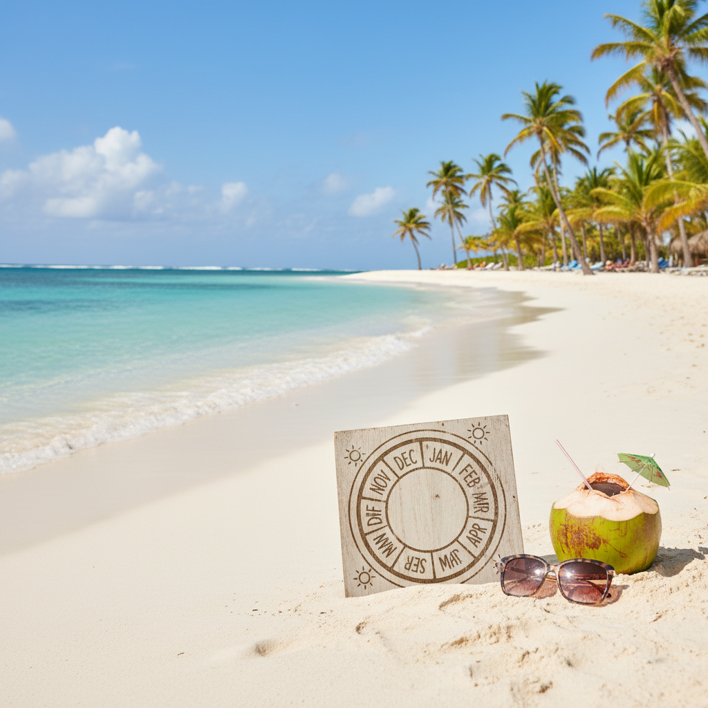 alt_text A scenic Punta Cana beach with perfect weather and hints of a calendar showing ideal travel months.