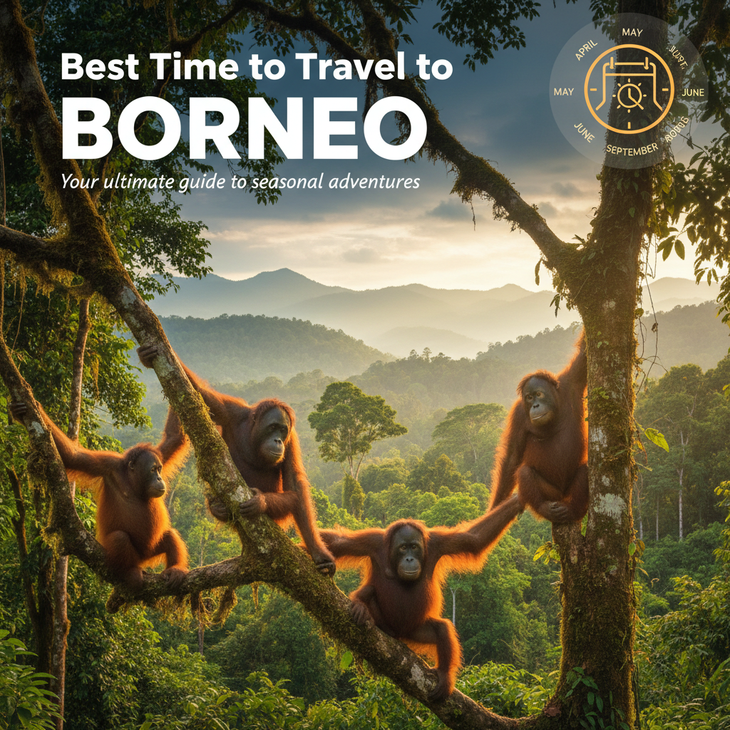 Orangutans in a sunlit Borneo rainforest with misty mountains and a subtle calendar overlay.