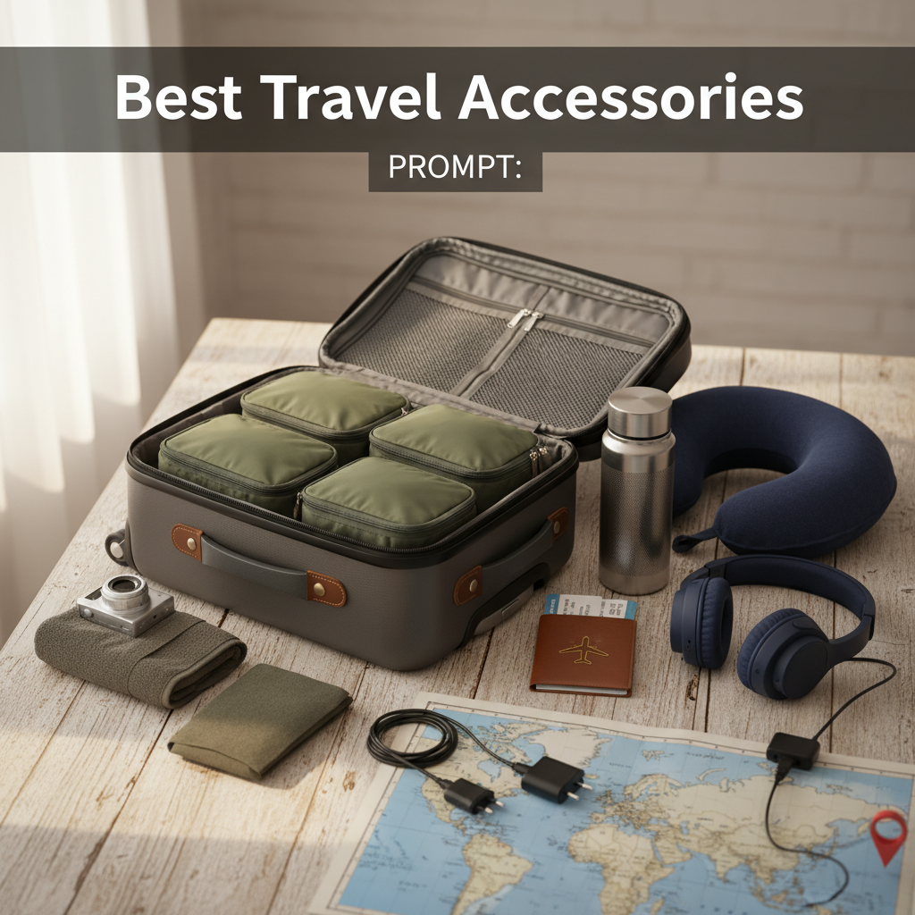 Flat lay of top travel essentials, including suitcase, headphones, and passport on wooden background.