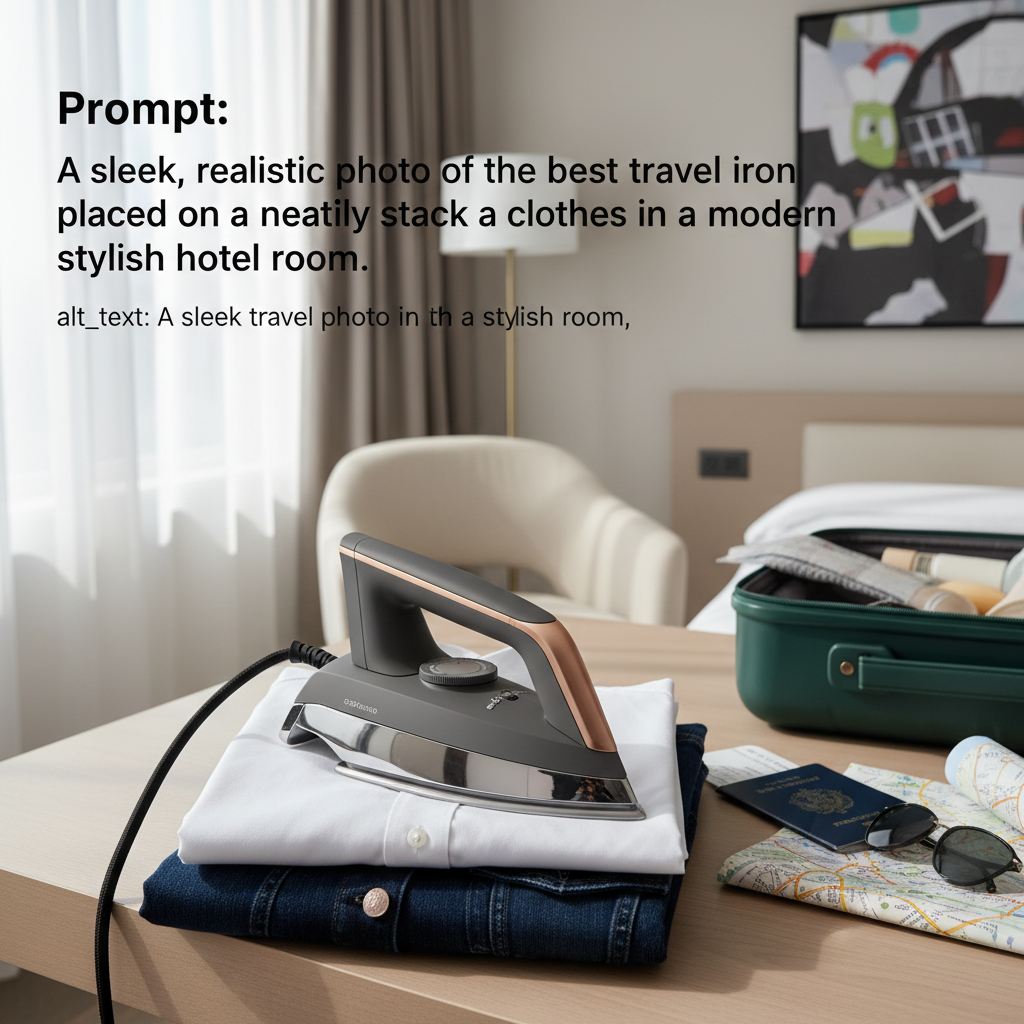 alt_text A sleek travel iron sits on folded clothes in a stylish hotel room, with travel essentials nearby.