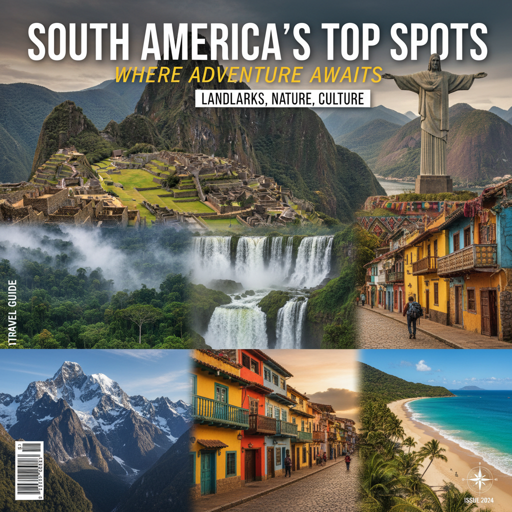 Collage of South America's top travel spots—landmarks, nature, and vibrant culture fill the cover.