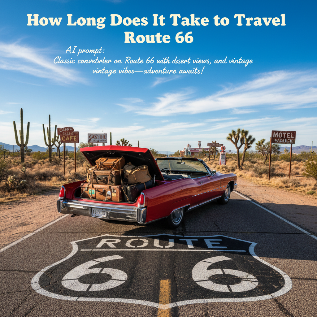 Classic convertible on Route 66 with luggage, desert views, and vintage vibes—adventure awaits!