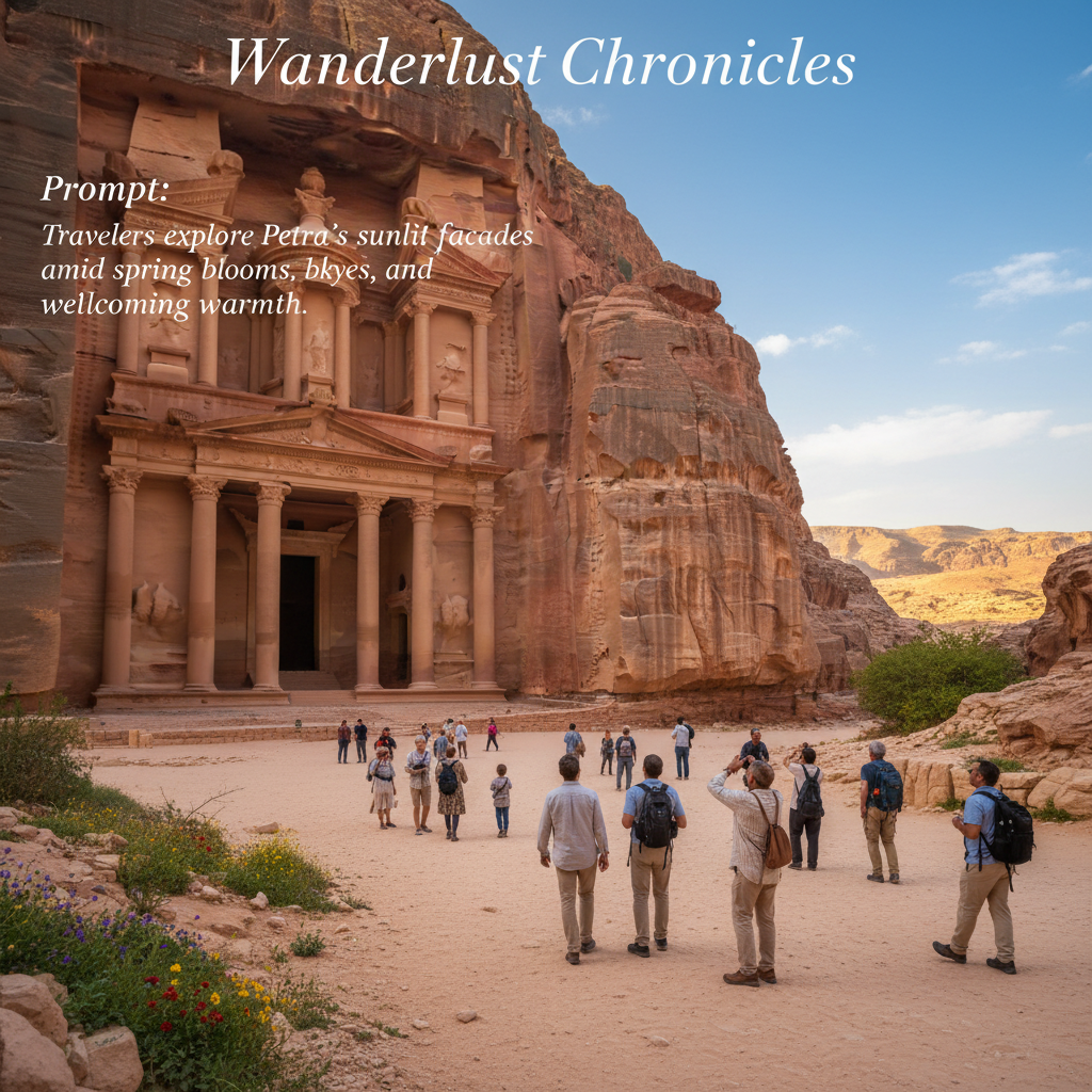 Travelers explore Petra's sunlit rose-red facades amid spring blooms, blue skies, and welcoming warmth.