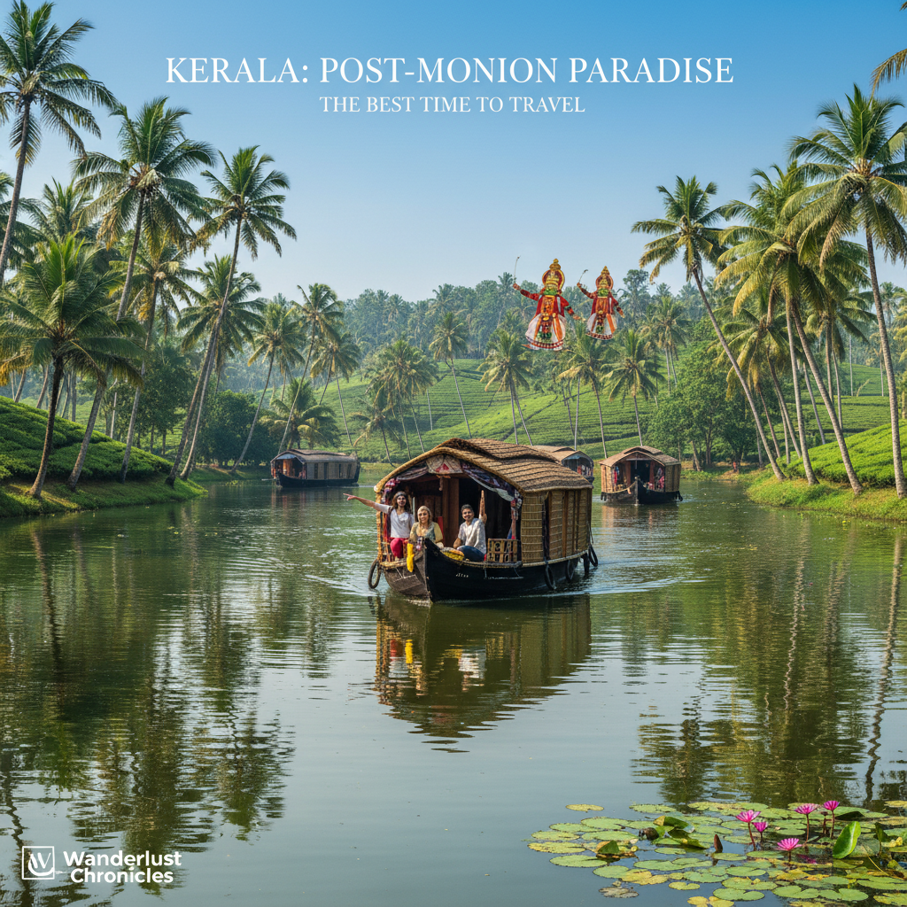 Kerala's lush greenery, houseboats, palm trees, and sunlight show the best time to visit after monsoon.