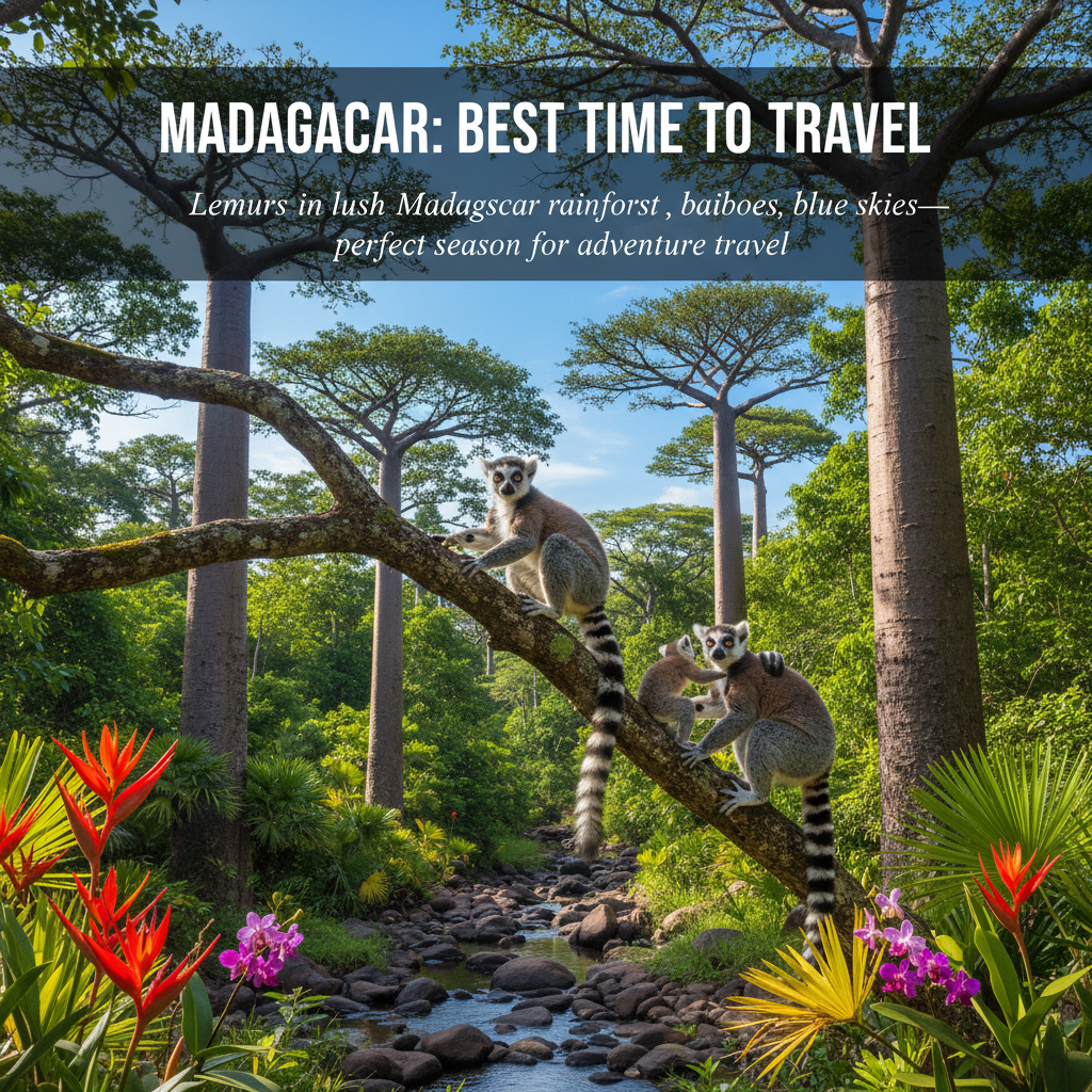 Lemurs in lush Madagascar rainforest, baobab trees, blue skies—perfect season for adventure travel.