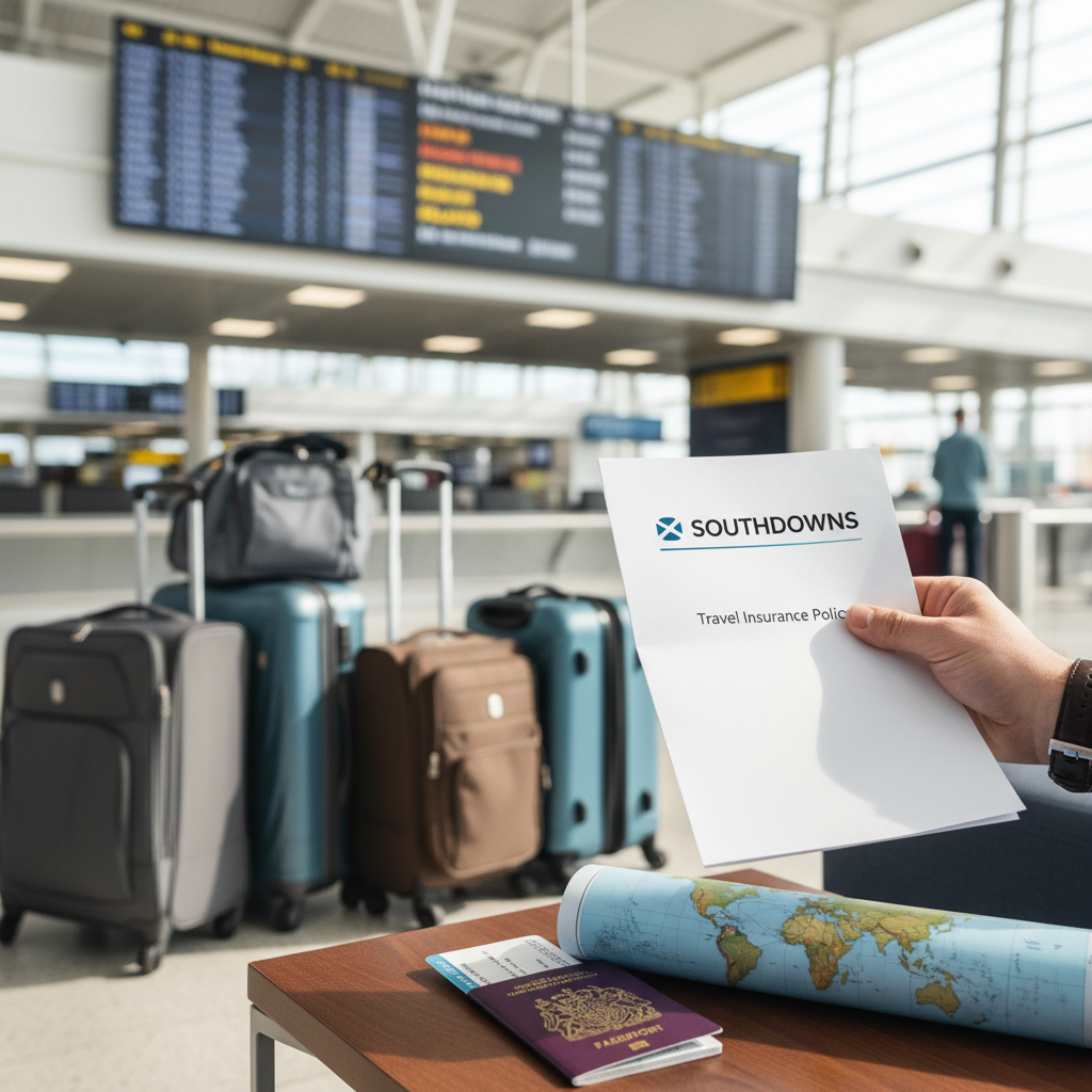 Traveler holding Southdowns insurance at airport, with passports, suitcases, and departure boards visible.