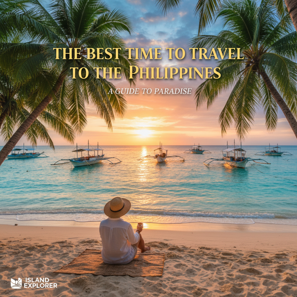 Traveler relaxes on a tropical Philippine beach at sunrise, with palm trees, boats, and vibrant colors.