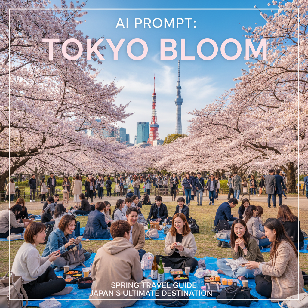 Tokyo in spring: crowds enjoy cherry blossoms, city skyline, and hanami picnics under blue skies.