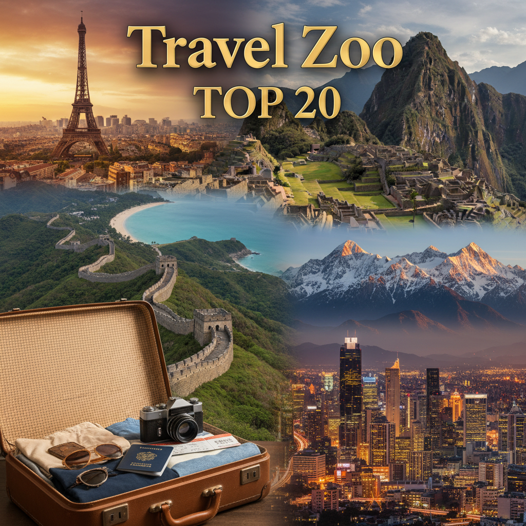 alt_text A vivid collage of top travel landmarks and landscapes with "Travel Zoo Top 20" featured boldly.