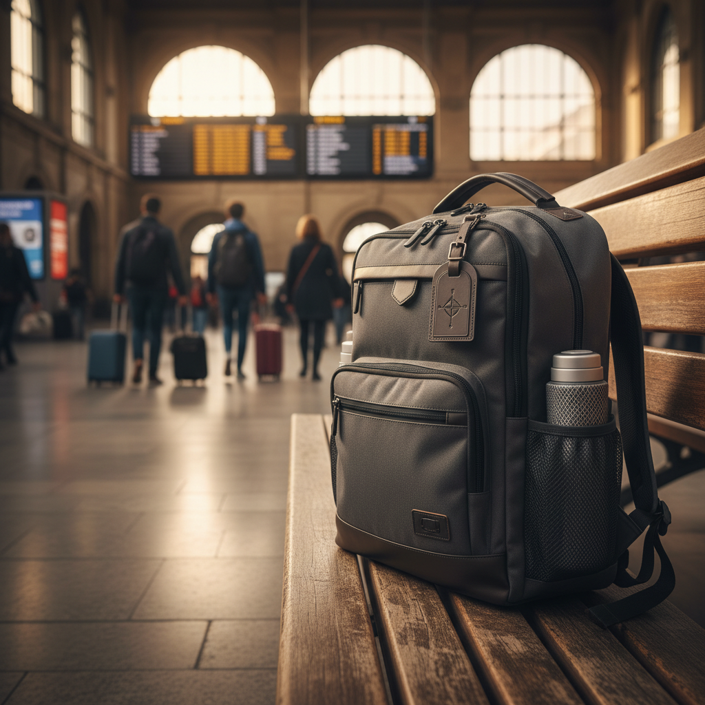 A stylish, modern travel bag on a bench at a busy station, ready for an exciting adventure.