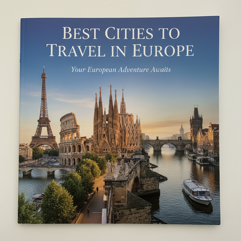 Collage of famous European landmarks on a vibrant magazine cover inviting travel to top cities in Europe.